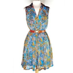 H&M Flowy Blue and Gold Sleeveless Belted Dress in Size 8